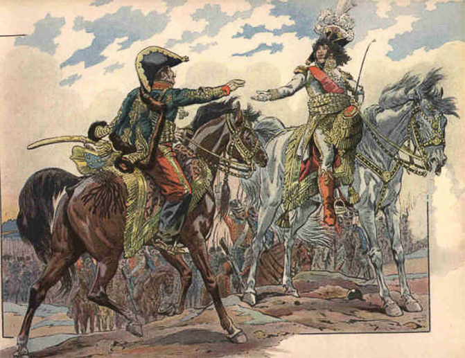 Lasalle and Marshal Murat (A mutton-chopped cavalry man) say 'sup' to one another and admire their mutually bling-tastic attire.
