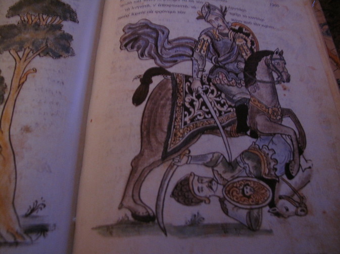 p.71r Charidimos injure with his curved sword his foe Spidolion (Spidolion also use curved sword and buckler like shield.