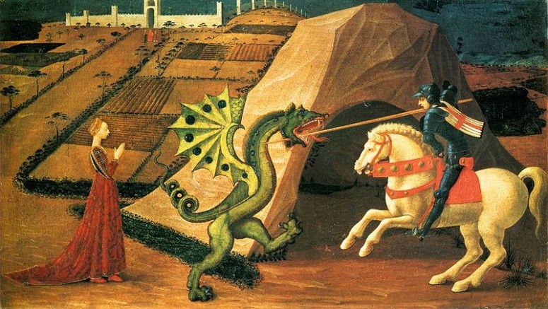 St George slays the dragon (or jabberwock?) painting by Paolo Uccello, circa 1470