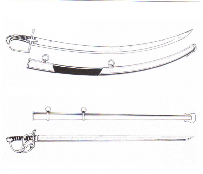Above: IV pattern Hussar saber (model 1795-1796), which inspired the British 1788 light cavalry saber. Below: heavy cavalry saber (sword), an XIII pattern Both of these weapons were carried in an iron scabbard. Haythornthwaite: Napoleonic cavalry (2002), p. 31.