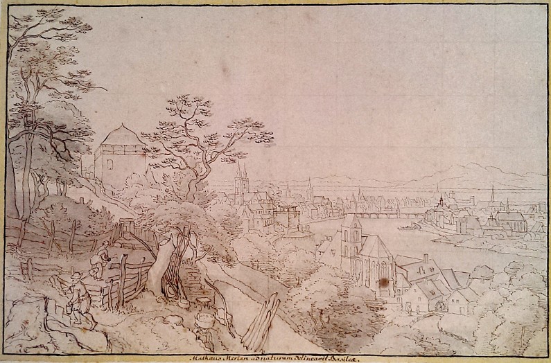 View over St. Alban, Basel, 1616. Water wheels visible at the bottom right. By Matthäus Merian d.Ä.