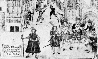 From the Weckherlin Stammbuch of 1601. Notice the feathered hats.