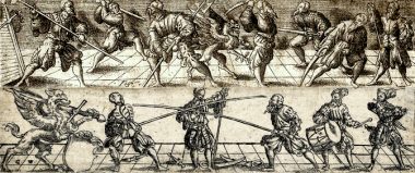 Two-fencers-duelling;-at-left-a-griffin-with-a-blank-shield;-at-right-a-drummer-and-a-flute-player;-from-a-series-of-four-etchings.-c.1541 (The Rose and the Pentagram) Two-fencers-duelling;-at-left-a-griffin-with-a-blank-shield;-at-right-a-drummer-and-a-flute-player;-from-a-series-of-four-etchings.-c.1541 (The Rose and the Pentagram)