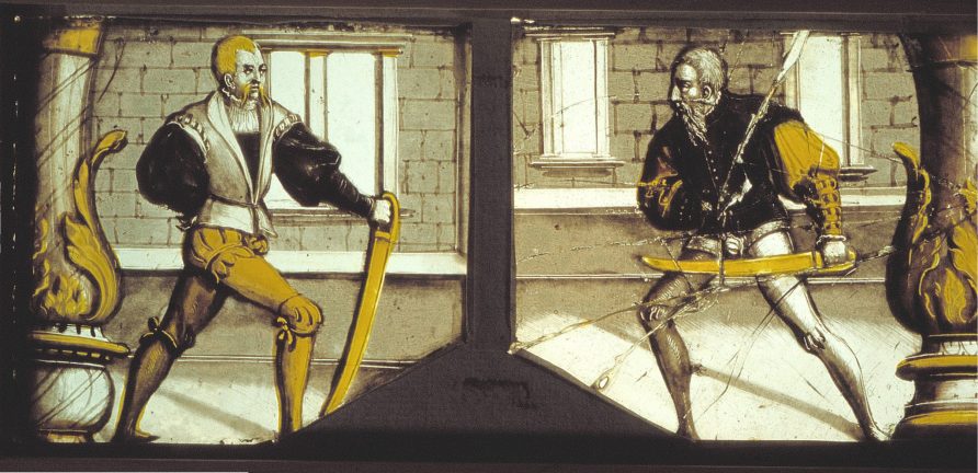 Zwei-Fragmente-einer-Kabinettscheibe-mit-der-Darstellung-zweier-Fechter-um-1530-Coburg (Brief description on training weapons in history) Zwei-Fragmente-einer-Kabinettscheibe-mit-der-Darstellung-zweier-Fechter-um-1530-Coburg (Brief description on training weapons in history)