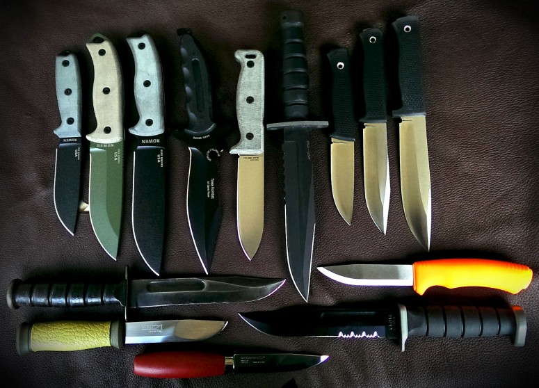 Comparative shot of the ESEE-4, ESEE-5 & ESEE-6 and other common utility, survival & bushcraft knives like Ontario Blackbird & Chimera, Fällkniven, F1, S1 & A1, KA-BAR and Mora Survival, 2000 & Classic 1.